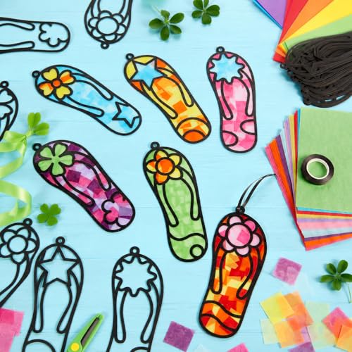 Qyeahkj 36 Set Flip Flops Suncatchers Craft for DIY Summer Tropical Luau Tissue Paper Craft Kit Hawaii Beach Slipper Stained Glass Window Ornaments Decoration for Home Art Project Party Favor Gift - style: Flip Flops