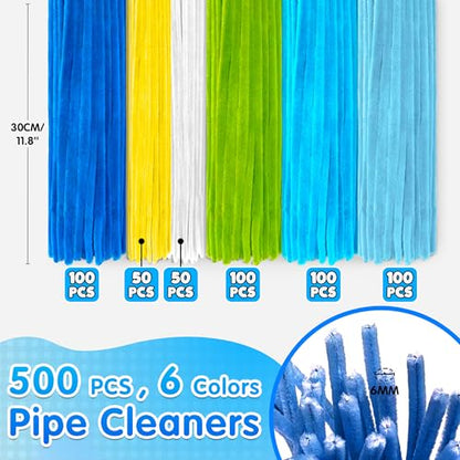 LINAYE 500 PCS Pipe Cleaners Craft, 6 Colors Pipe Cleaners Flowers Kit, Chenille Stems for Crafts with Instruction Wrapping Paper, Flower Stamens, Stems Art and Craft Supplies Blue - color: Blue