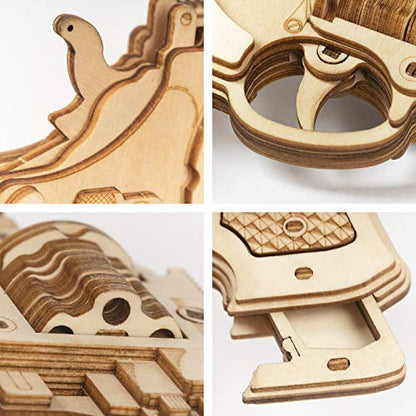ROKR 3D Wooden Puzzles Rubber Band Toy Model Craft Kit Unique Gift Mechanical Model Brain Teaser (Revolver Toy)