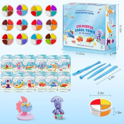 Ocean Buddies Air Dry Clay Kit for Kids - 12 Marine Animal Models with 4 Colors & Sculpting Tools, Ultra Light & Soft Modeling Clay Set, Non-Toxic DIY Arts and Crafts Gift for Boys & Girls Ages 3+ - color: blue