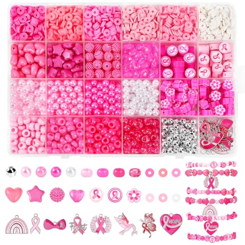 UPINS 2100Pcs Breast Cancer Awareness Beads Kit for Jewelry Making Bracelet - color: Pink