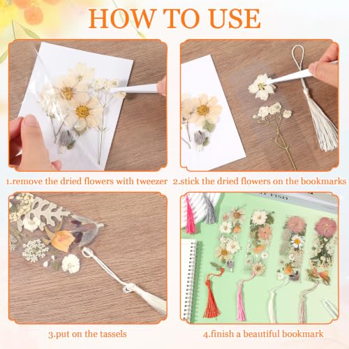 20 Sets Dried Flower Bookmark Making Kit Transparent Bookmark DIY Projects Craft Gift Bulk PET Sticker with Color Tassels and Tweezer for Classroom Activities Reading Award and Book Lovers (Boho) - style: Boho