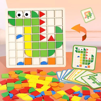 Wooden Pattern Blocks Set 120 Pcs Geometric Shapes Puzzle Classic Montessori Educational Tangram Toys with 24 Design Cards for 4-8 Year Old Kids