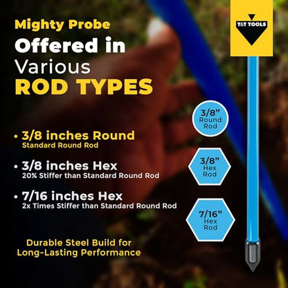 T&T Tools 48-Inch Mighty Probe Metal Soil Probe – 3/8" Round Rod - 1 Pack - size: 48-Inch Long Overall w/ 3/8" Metal Round Rod