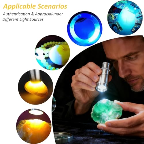 JINGYAN Professional Gemstone Flashlight - 3-in-1 Light Source (365nm Ultraviolet/Yellow/White) for Diamond, Jade & Jewelry Appraisal, Rechargeable Handheld Torch with Multifunctional Two Lamp Heads