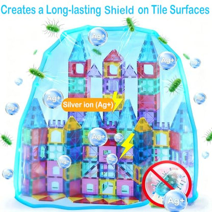 Antibacterial Magnetic Tiles 124PCS with 4 XL Squares, STEM Toy - size: 124 PCS (4 XL Squares Included)