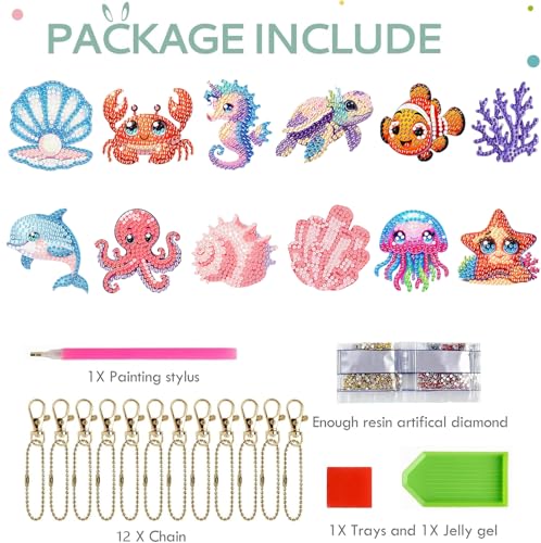 12 PCS Diamond Art Keychain Kits, DIY Diamond Painting Crafts, Beginner Art Kit, Arts & Crafts Gift - color: Marine Animals
