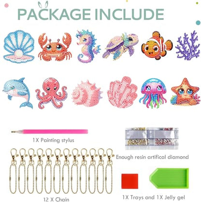 12 PCS Diamond Art Keychain Kits, DIY Diamond Painting Crafts, Beginner Art Kit, Arts & Crafts Gift - color: Marine Animals