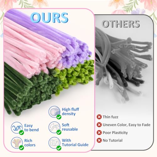Anyeve 1800 PCS Pipe Cleaners Craft, Pipe Cleaner Flower Kit in 7 Colors, Chenille Stems Bouquets, Fluffy Pipe Cleaners, Ribbons and Flower Paper, Instructions for Easy Operation, DIY Enthusiasts - color: 1800PCS-7 Color