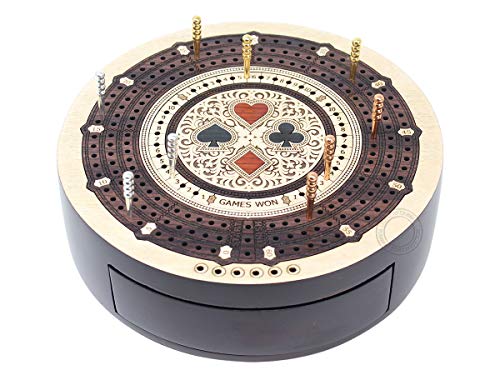 House of Cribbage - Round Shape 3 Track Non-Continuous Cribbage Board - Push Drawer Storage for Pegs and 1 Deck of Cards with Score Marking Fields for Won Games (Maple Wood/Rosewood) - color: Maple Wood / Rosewood
