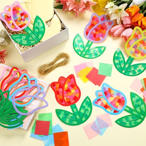 DoubleFill 48 Pcs Tulips Suncatchers Kits DIY Summer Stained Glass Effect Tissue Paper Kits Bulk for Window Decor Ornament Home Art Activities - style: Tulips
