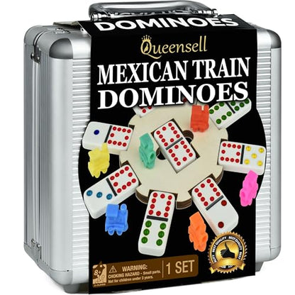Queensell Mexican Train Dominoes Set with Wooden Hub, Domino Tile Board Games - Double 12 Dominos Set for Family Game Night for Adults and Kids Ages 8 and up (Double 12) - size: Double 12