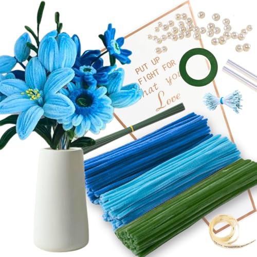 Blue Pipe Cleaner Kit With 150 Pcs Pipe Cleaners Colourful in 3 Colours(Dark Blue,Light Blue,Green),8 Pcs Green Floral Wire,40 Pearls,40 Stamen,Floral Tape,Flower Wrapping Paper and Ribbon - color: Blue
