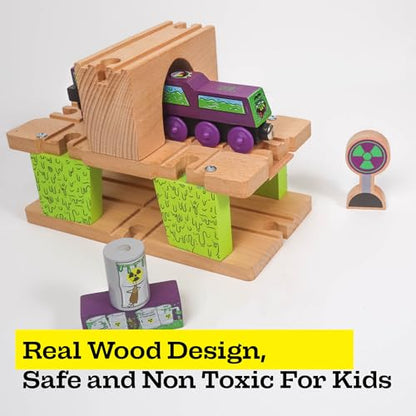 3 Level Wooden Bridge and Train Tunnel - Zany Trains - Toxic Turnpike - Viaduct Arch Bridge - Wooden Train Tracks Compatible with All Major Brands - Train Set Accessories Table
