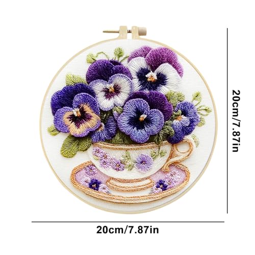 Needlework Embroidery Kit for Beginners,Pansy Pattern Handmade Cross Stitch Sewing Craft Kit with Pre-Stamped Patterns,7.87 inch Hoop,Floss & Needles for Craft Lover Birthday Gifts 11.41x11.41in - color: Pansy
