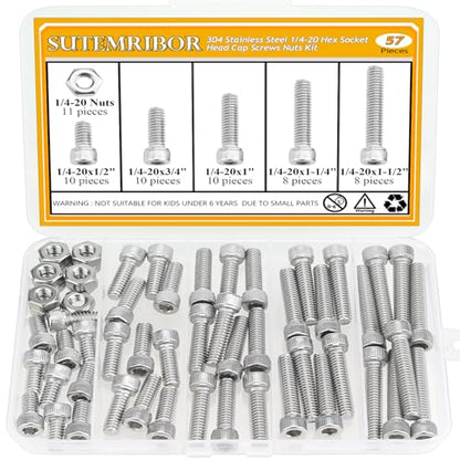 57 Pieces 1/4-20 x 1/2", 3/4", 1", 1-1/4", 1-1/2", Hex Socket Head Cap Screws Nuts Assortment Kit - size: 1/4"-20, style: Socket Head