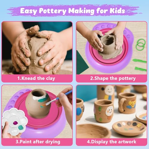 Pottery Wheel for Kids with Air Dry Clay Kit, 12 Paints & Tools, Ages 6-12 - color: pink/purple