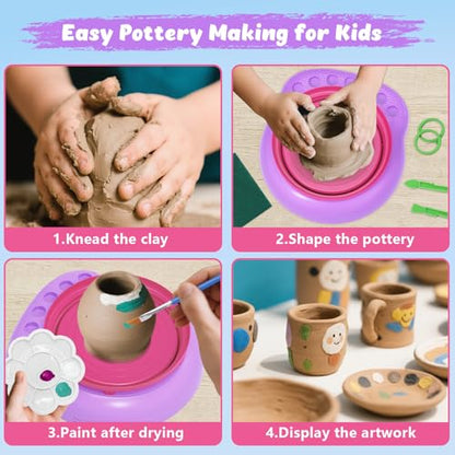 Pottery Wheel for Kids with Air Dry Clay Kit, 12 Paints & Tools, Ages 6-12 - color: pink/purple