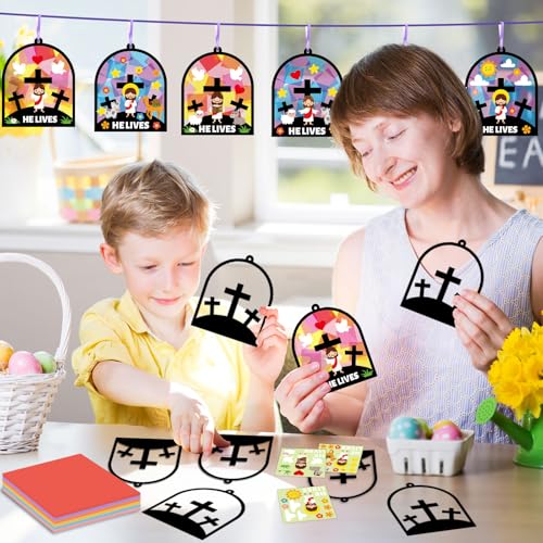 Qyeahkj 36 Set Easter Jesus Cross Suncatchers Crafts for DIY Christian Religion Cross Window Tissue Paper Craft Kit Hanging Decor for Home Activity Art Project Birthday Party Favor - style: Easter Jesus Cross