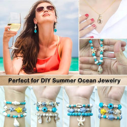 600+Pcs Ocean Beads Kit Seashell Starfish Turtle for Bracelet Making - color: Beige+Sea Blue