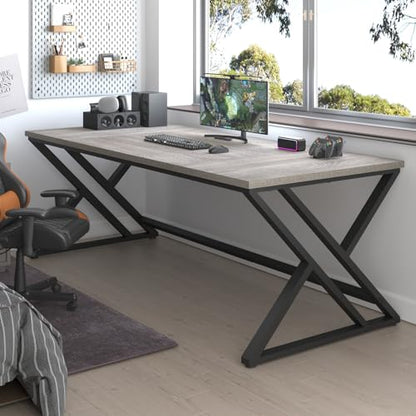 LVB 70.8" Long Office Desk, Modern Large Wood Metal Computer Desk Grey Oak - color: Light Grey Oak, size: 70 Inch