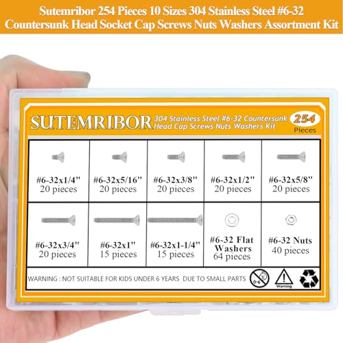 254 Pieces #6-32 x 1/4", 5/16", 3/8", 1/2", 5/8", 3/4", 1", 1-1/4", Countersunk Head Socket Cap Screws Nuts Washers Assortment Kit - size: #6-32, style: Countersunk Head Socket Cap