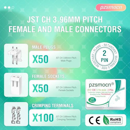 200 Pieces / 50 Sets JST CH 3.96mm 2 Pin 24-18 AWG Connector Kit - size: 2-Pin, style: JST-CH