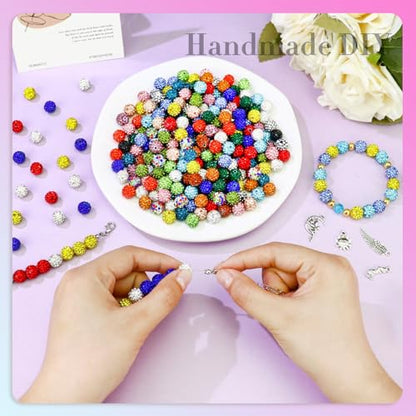 Dowarm 480PCS 10mm Rhinestone Beads Kit for Jewelry Making Baseball Necklace Friendship Bracelet, Round Disco Ball Rhinestone Clay Beading Set with Crackle Spacer Beads Charms for DIY Crafting - color: Mix 20 Colors
