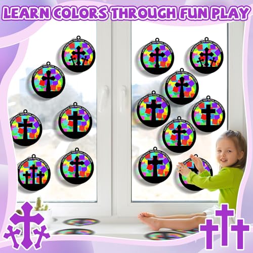 QOUBAI 32 Sets Easter Cross Suncatchers Craft Kit DIY Religious Window Stained Glass Effect Christian VBS Paper Hanging Ornament Kid Sunday School Birthday Gift Creative Art Project Activity Game - style: Circle Cross
