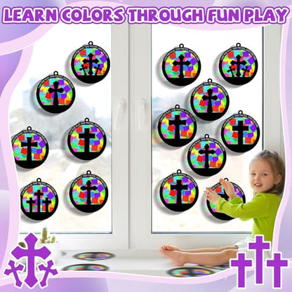 QOUBAI 32 Sets Easter Cross Suncatchers Craft Kit DIY Religious Window Stained Glass Effect Christian VBS Paper Hanging Ornament Kid Sunday School Birthday Gift Creative Art Project Activity Game - style: Circle Cross