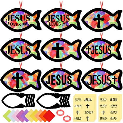 Renbuzhu 48PCS Sunday School VBS Crafts Bulk: Paper Jesus Fish Nativity Suncatchers, Religious Christian Activity DIY Kits Church Decorations, Window Stained Glass Effect Art Supplies - style: jesus fish