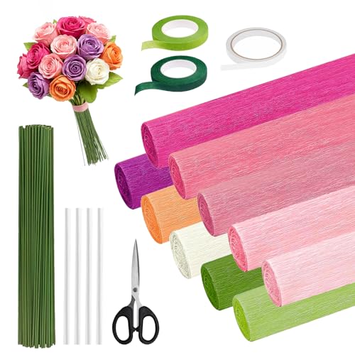 Crepe Paper Streamers 10 Rolls–Pastel Paper Flower Kit with 100 Stems&Tools - color: Pink