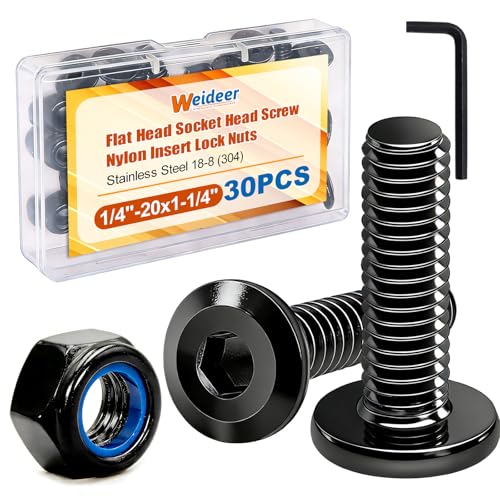 weideer 30pcs 1/4-20 x 1-1/4" Nuts and Bolts Kit, Stainless Steel 18-8 (304) Flat Head Hex Socket Cap Furniture Bolts,Nylon Insert Hex Lock Nuts K-181 - size: 1/4-20 x 1-1/4", style: Flat Head Hex