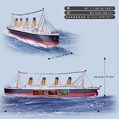 MU 3D Metal Puzzle for Adult Titanic Ship Model Building with LED Lighting, RMS Titanic Ocean Liner Metal Puzzle Model Kits Toys, Watercraft Home Desk Decor, 581pcs