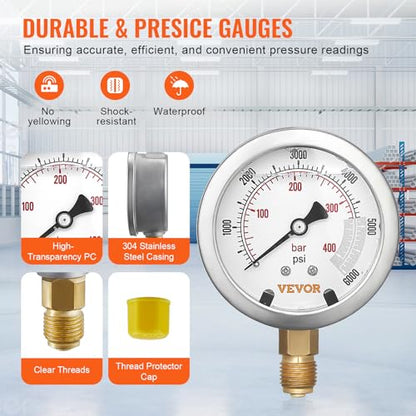 VEVOR Hydraulic Pressure Test Kit, 10/100/250/400/600bar, 5 Gauges 13 Test Couplings 14 Tee Connectors 5 Test Hoses, Hydraulic Gauge Kit with Sturdy Carrying Case, for Excavator Construction Machinery - style: 5 Gauges 13 Couplings