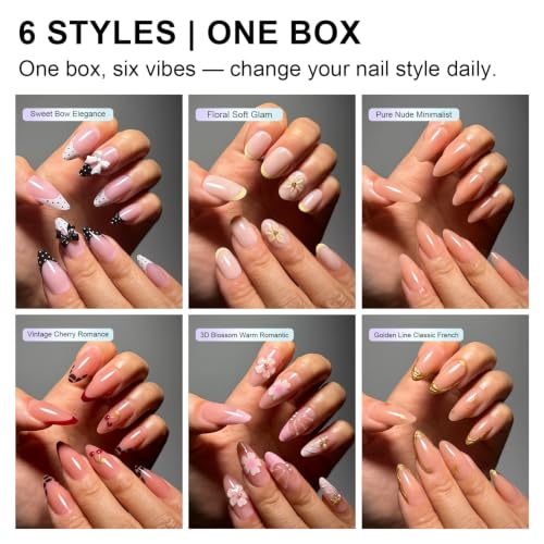 Press on Nails, 6 Packs (144 Pcs) Short Almond French Sets, 3D Floral - color: 3D Floral