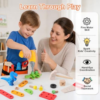 Phobby Wooden Tool Set with Drill & Belt Toy for Kids Ages 2 3 4 5 6, 60Pcs