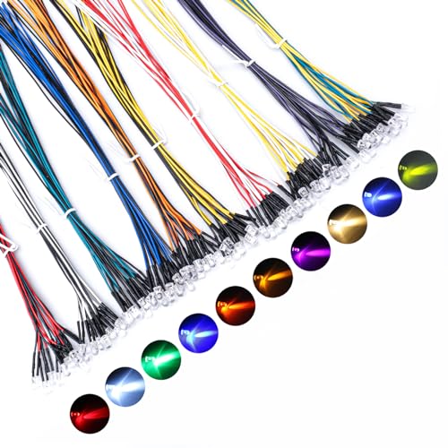 DiCUNO 100Pcs (10 Colors × 10Pcs) 5MM Pre Wired 12V LED Diodes, 9.4" Lead - color: 10 Colors * 10 Pcs