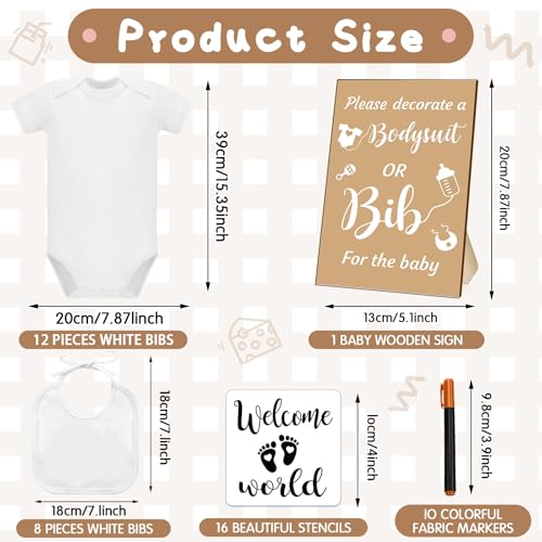Chuarry 43 Pcs Baby Shower Kit, 8 Onesies 8 Bibs Markers 16 Stencils - style: Kraft Paper