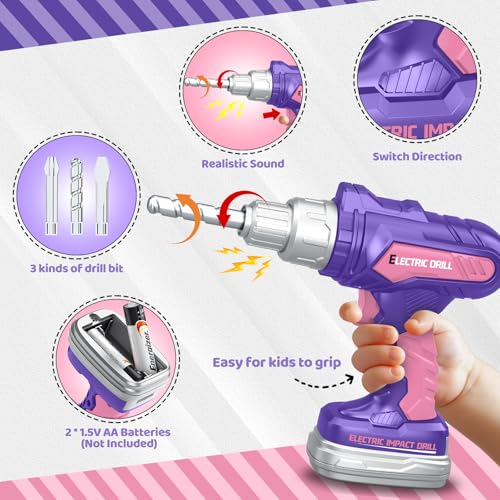 Kids Tool Set with Tool Box Electronic Toy Drill, Toddler Tool Set for Girl - style: Pink