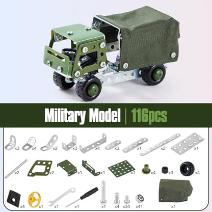 Military Truck STEM Building Toy Set,Metal Model Car Kits to Build for 8+
