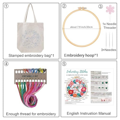 Louise Maelys Hummingbird Embroidery Kit Canvas Tote Bag for Beginners - color: Humming Bird