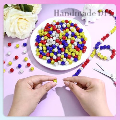 Dowarm 255PCS 10mm Rhinestone Beads for Baseball Necklace Bracelet Jewelry Making, Round Rhinestone Clay Beads for Craft Beaded Pen, Shamballa Pave Diamond, Yellow|Red|Blue|White - color: 12-Yellow | Red | Blue | White