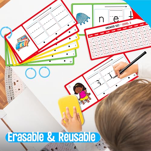 CVC Word Writing Cards, 100 Double-Sided Handwriting Cards 3-Level Short Vowel Spelling Flashcards CVC Sight Words Early Educational Tool for Kids 3 4 5 Years Old (3 Plastic Rings Included) - style: CVC Word Writing Cards