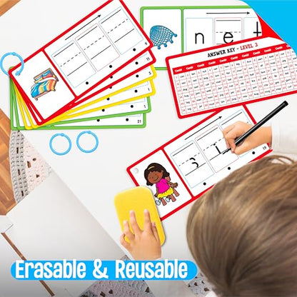 CVC Word Writing Cards, 100 Double-Sided Handwriting Cards 3-Level Short Vowel Spelling Flashcards CVC Sight Words Early Educational Tool for Kids 3 4 5 Years Old (3 Plastic Rings Included) - style: CVC Word Writing Cards