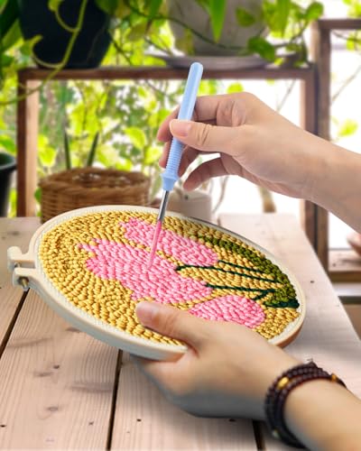 TINDTOP Punch Needle Embroidery Kits, Tulip Punch Needle Kits for Adults Beginner, Tool with Punch Needle Fabric, Hoops, Yarns and Sewing Needles - color: Pink Tulip