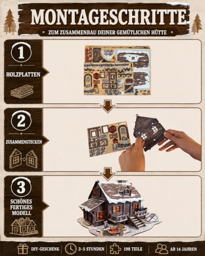 LED 3D Wooden Puzzle Winter Cabin DIY Miniature Building Kit with LED Lights - 3D Craft Rural Wooden Cabin Models Decor Gift for Adult
