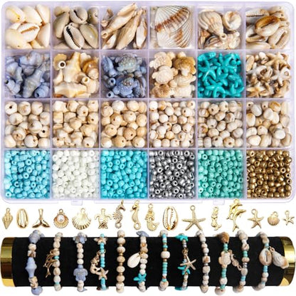 1770Pcs Ocean Theme Beads Kit for Jewelry Making, Blue White Summer Beach Seashell Charms Sea Turtle Starfish Shape Beads 4mm Sea Glass Chips for DIY Bracelets Necklace Anklet Earrings Keychain Crafts - color: Beige-Brown