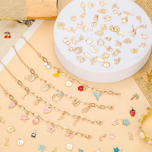Flasoo 416 Pieces Gold Charm Bracelet Making Kit, Including Paperclip Chain Bracelets, Charms, Jump Rings for Jewelry Making