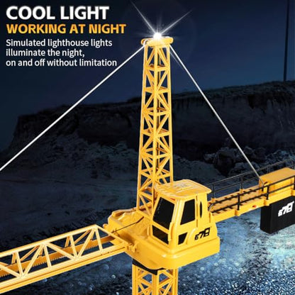 DIY Alloy Hook 4 Channel RC Tower Crane for Kids - 50.4 Inches Remote Control Crane Toy with 2 Batteries, Rotating Lift Construction Vehicles with LED Lights, Excavator Toy for Ages 4,5,6,7,8 Boys